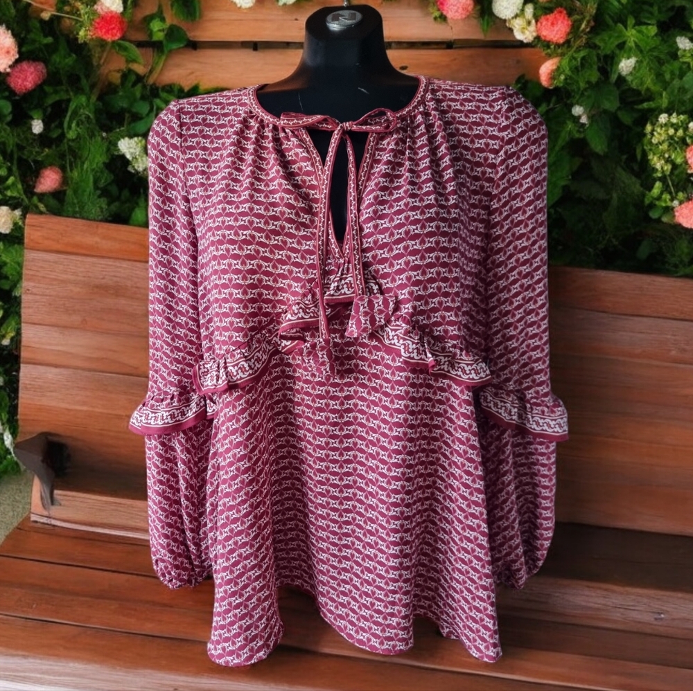 MAX STUDIO Bubble Sleeve Ruffled Boho Flowy Blouse Size M